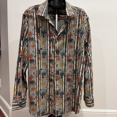 Luchiano Visconti XXL Men s L/S Button Up Short Gray Stripes Fall Leaf Print EUC
