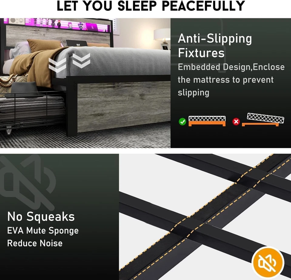 4 Drawers King Size Bed Frame Metal Platform Bed with Headboard & LED Lights - Image 4 of 4