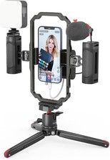 Phone Stabilizer Rig w/Tripod Microphone LED Light Side Handle Power Bank