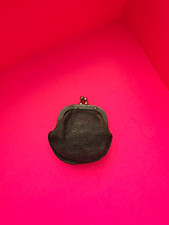 Vintage Black Leather Coin Pouch, Suede Interior. Metal Frame Clasp Kiss-Lock.
