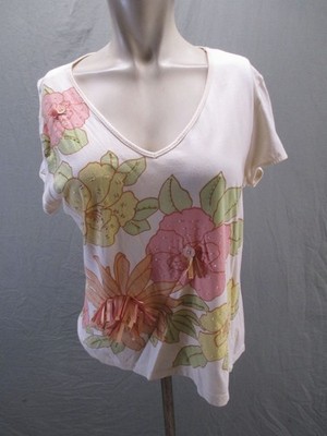 Caribbean Joe Size L Womens Multicolor Floral 100% Cotton V Neck Comfy Top 326