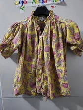 Mille Resort Top Womens XS Yellow Blouse Button Up Floral 100% Cotton Boho Relax