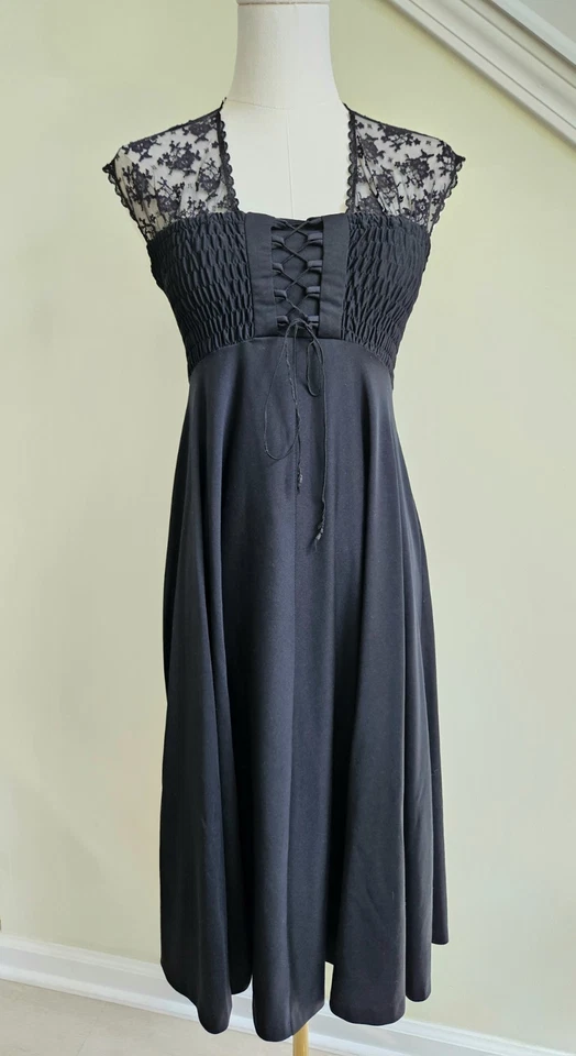 Vintage 1970s Jody T Of California Black Lace Midi Dress Ruched Lace Up Goth XS - Image 2 of 4