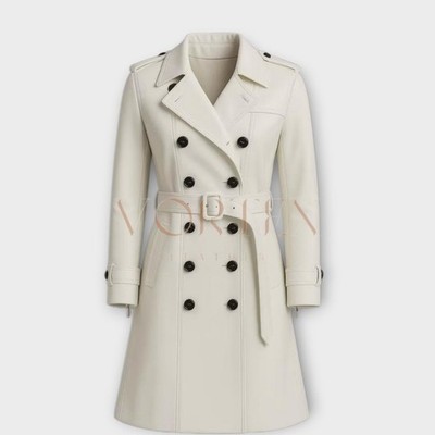 Women's Luxury Beige Leather Trench Coat   Women's Double-Breasted Overcoat