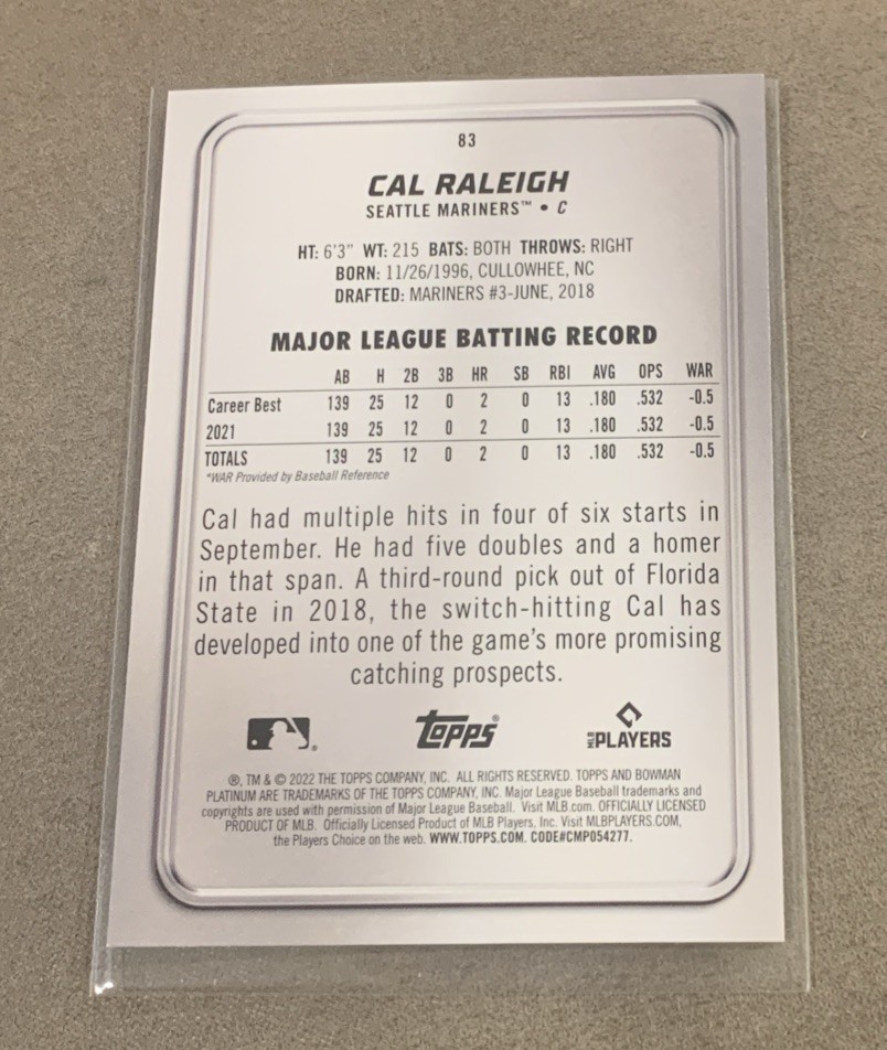 2022 Bowman Platinum Cal Raleigh Rookie Card RC #83 - Seattle Mariners ...
