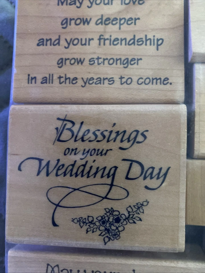 Lote de 8 sellos de goma vintage de felicitaciones de boda montados en madera Foto 3 de 4