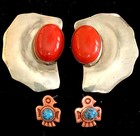 Vintage Jewelry Earrings South West Style Coral Cabochons Lg Copper Engraved Eag