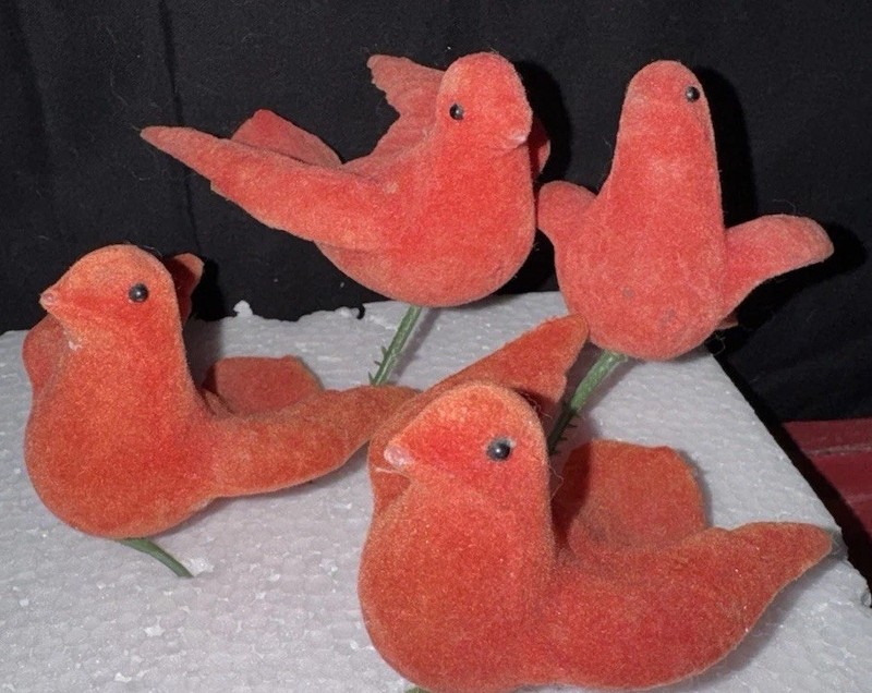Lot of 4 Red  doves Flocked Vintage Christmas Ornaments plus bonus items 