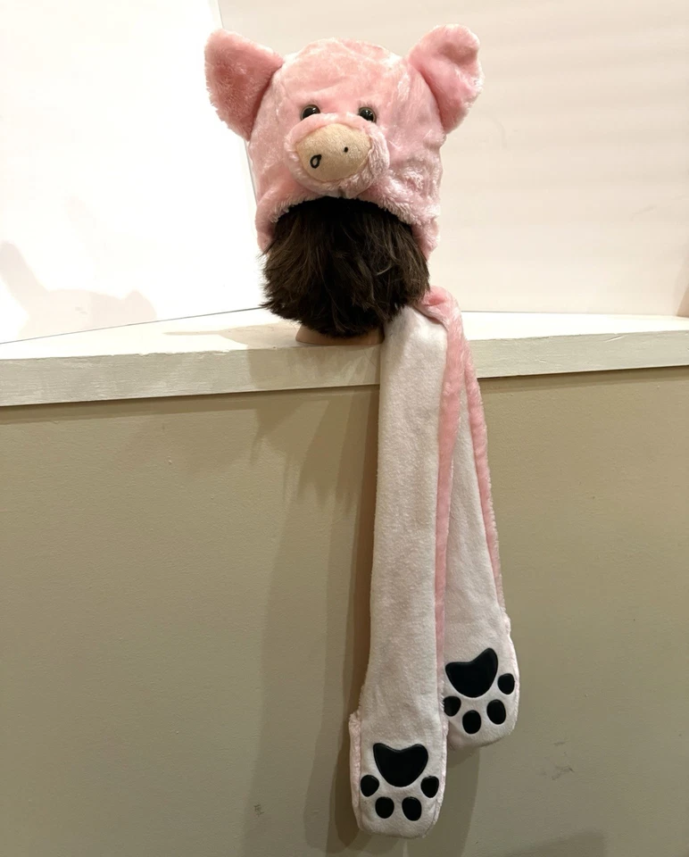 Pink Piggy Plush Hat Scarf Mittens Stuffed Animal Fur Costume Cosplay Halloween - Image 3 of 4