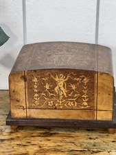 Antique Birch Wood Inlaid Cigarette Dispenser Cherubs/Putti Dragons**BEAUTIFUL**