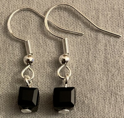 SMALL BLACK CRYSTAL CUBE EARRINGS with Sterling Silver Ear Wires (or GP) 6mm