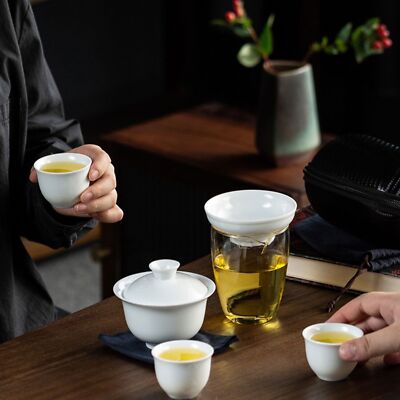 Travel Tea Set Porcelain Gaiwan Matching Tea Cups Glass Pitcher Portable Bag New