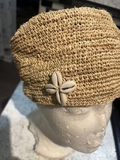Crude Natural Raffia Traditional Hand Made 2 Sided cowrie shell flat top Men Cap
