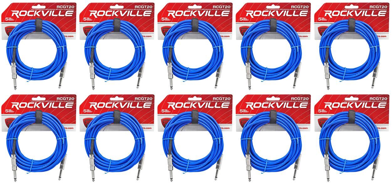 10 Гитарный/инструментальный кабель Rockville RCGT20BL 20 от 1/4 TS до 1/4 TS