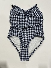 Women's Shirred Tie Front One Piece Swimsuit - Navy Gingham Print 16W, Blue