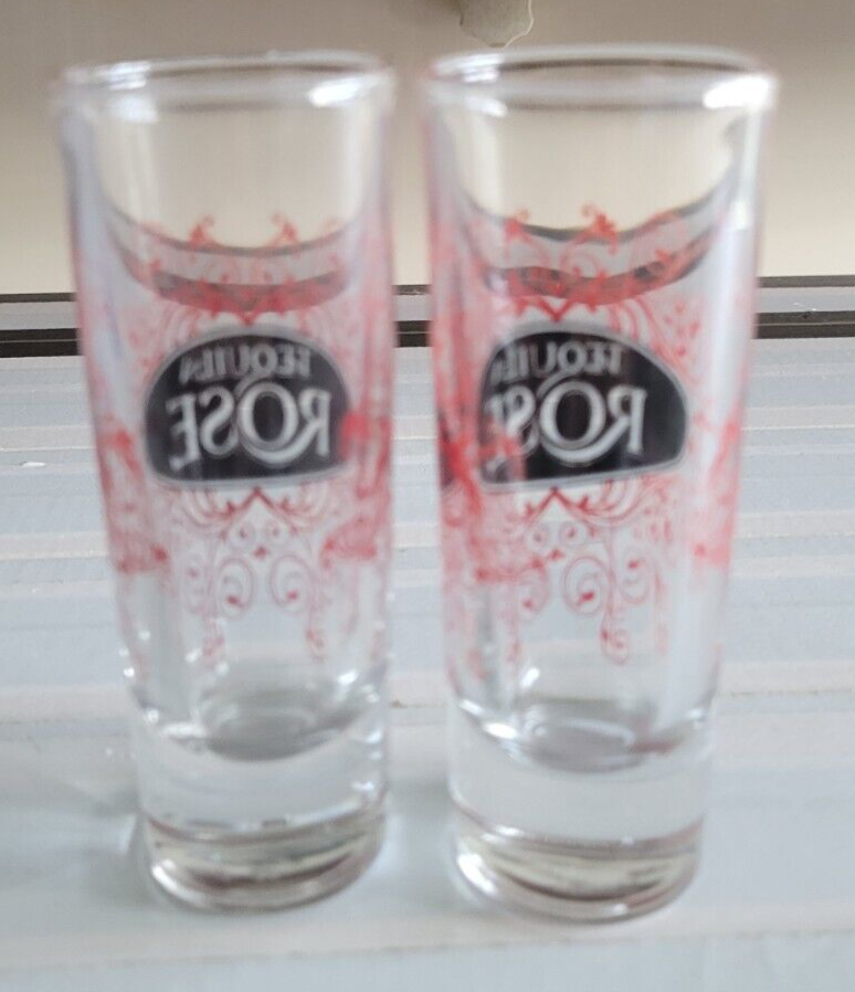 2 TEQUILA ROSE SHOT GLASSES ETCHED IN BLACK AND RED 4 INCHES HOLDS 2