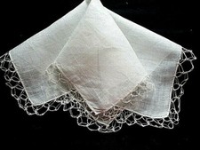 TRUE VTG LINEN WEDDING HANKY CROCHET LACE WHITE ON WHITE EX COND UNUSED