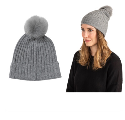 AMICALE WOMENS CASHMERE BEANIE WITH GENUINE SHEARLING POMPOM  display picture 1