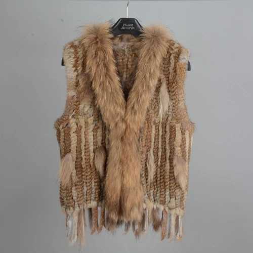 Fashion Lady Real Rabbit Classic Knitted Fur Vest Raccoon Collar Gilet Womens