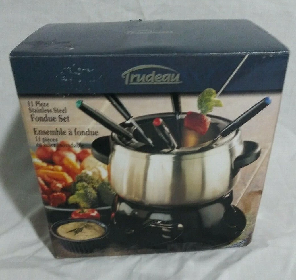 New Trudeau Fondue Set Stainless Steel 11-Piece With Guide & Recipes Damaged Box