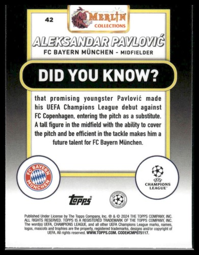 2023-24 Topps UEFA CC Merlin Aleksandar Pavlovic #42 FC Bayern Munchen - Picture 2 of 2