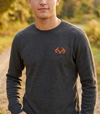 Realtree Mens Waffle Knit Thermal Long Sleeve Shirt Charcoal Gray Orange Logo L