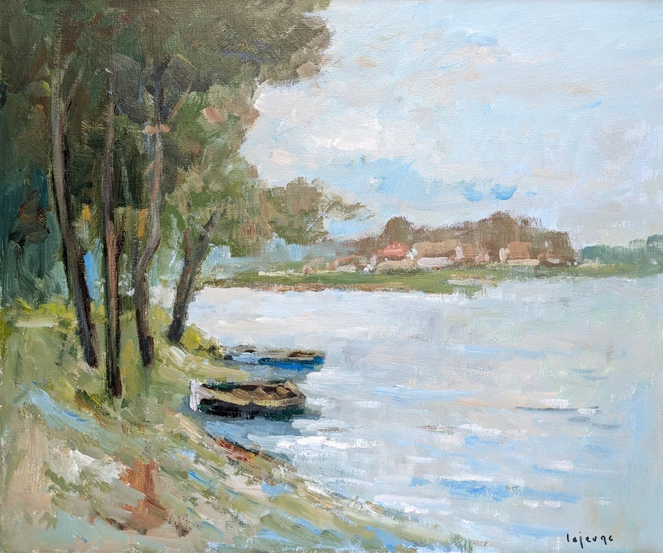 Ölgemälde SIGNIERT Lejeune 20. Jh IMPRESSIONIST Landschaft SEE Boote Bäume Ufer - Bild 2 von 4