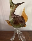 Vintage Murano Glass Fish Figurine green and gold with brown flecks.