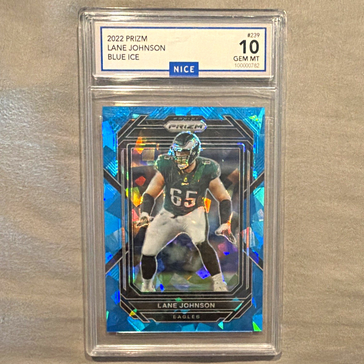 Panini 2022 Prizm Football Lane Johnson Eagles Blue Ice Prizm #239 /99