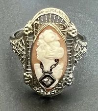 14k White Gold Carved Cameo Diamond VTG  Ring 6 Filigree Pat Pend 2.7g Art Deco