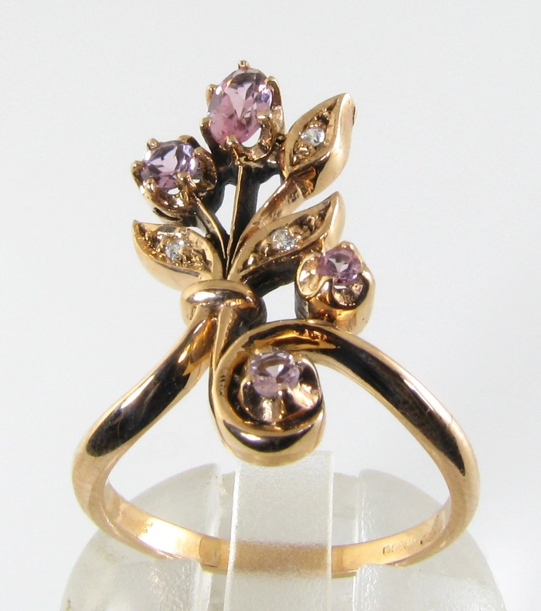 Anillo Floral Longe Cluster 9K 9CT Oro Rosa Con Diamante Y Turmalina Rosa