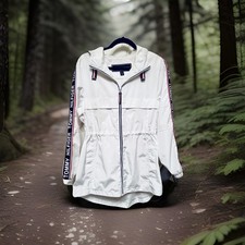 Tommy Hilfiger Logo Tape Windbreaker Jacket Women  s S White Hooded Zip