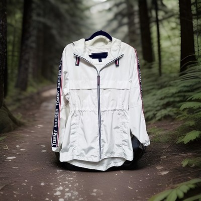 Tommy Hilfiger Logo Tape Windbreaker Jacket Women s S White Hooded Zip