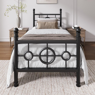 Vintage Twin Metal Bed Frame with Circular Headboard, No Box Spring Needed