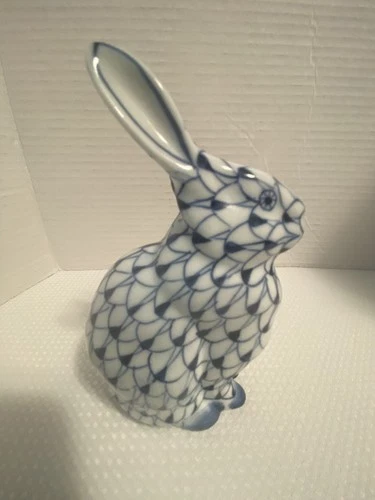 Vintage Andrea By Sadek Blue Fishnet Standing Bunny Figurine