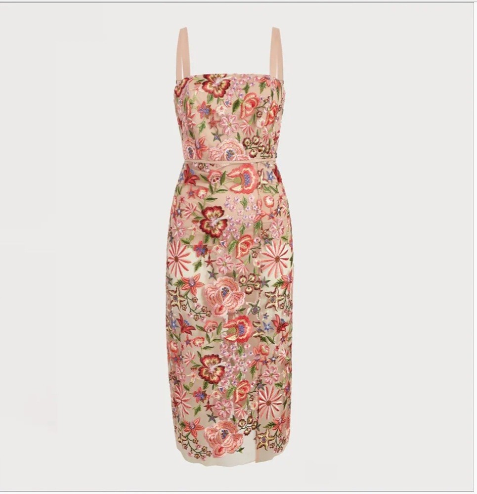 knee length dresses for ladies Nude Floral Applique Sleeveless Midi Dress