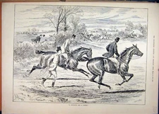 Original Old Antique Print Horses Gallop Field 1887 Jumping Hedge Country Scene