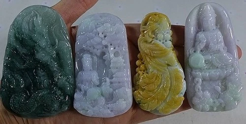 Cert'd Natural A Lavender Green Jadeite Jade Dragon Kwan-yin Phoenix Pendant 4Pc