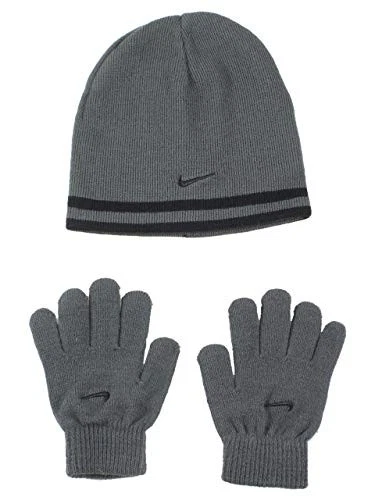 Nike Youth Beanie Hat and Glove Set Grey with Black Stripe One Size 9A2427-693
