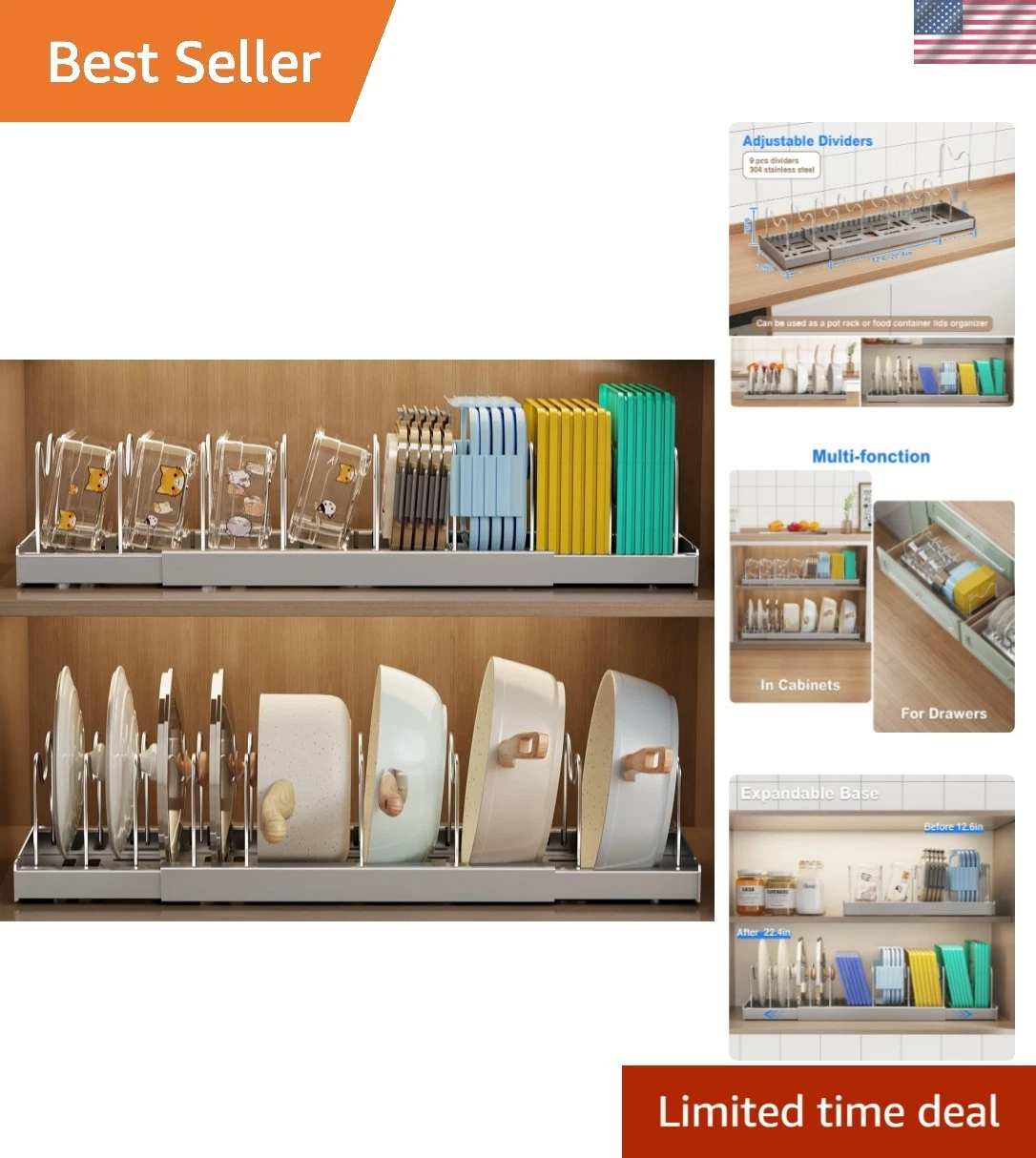 2 Pack Pots and Pans Organizer Under Cabinet, 22" Expandable Food Storage Con...