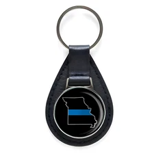 Law Enforcement Thin Blue Line Missouri State Leather Keychain Silver Keyring 