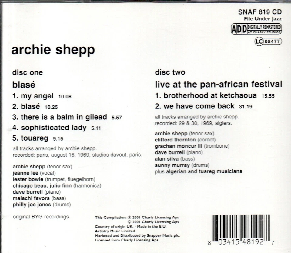 2 CDs Archie Shepp BLASÉ / LIVE AT THE PAN-AFRICAN FESTIVAL | gut (C4110) - Bild 2 von 4