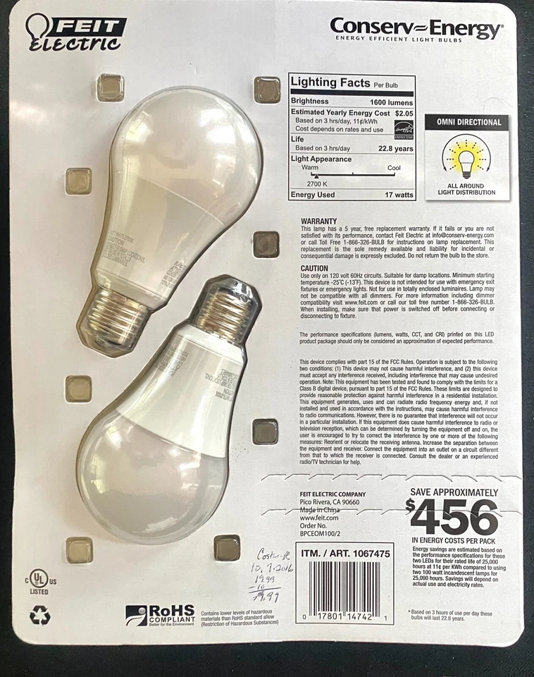 16 Bulbs: FEIT , CFL, LED, Decorative Torpedo- Candelabra, Original Pkg. - Image 3 of 4
