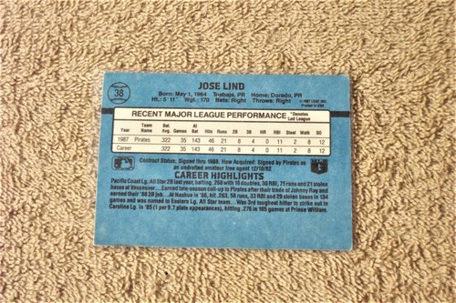 DONRUSS 88 (JOSE LIND, SECOND BASE ) PIRATES Rated Rookie Baseball Card #38 - Picture 2 of 2