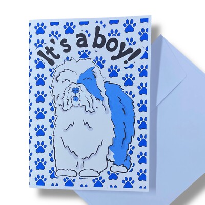 Old English Sheepdog Its a Boy Announcement Card Handmade Baby Shower Gift 5x7''