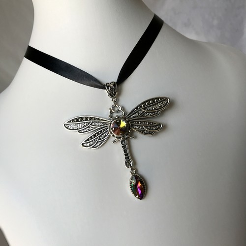 Gothic Victorian Large Dragonfly Medieval Black Ribbon Pendant Necklace Choker - Picture 55 of 60