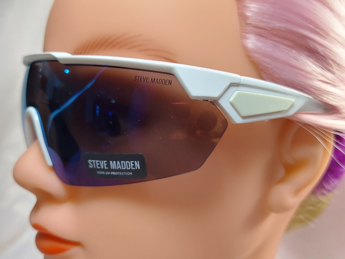 NWT Steve Madden White Wrap Sunglasses With Blue Lens | eBay display picture 1