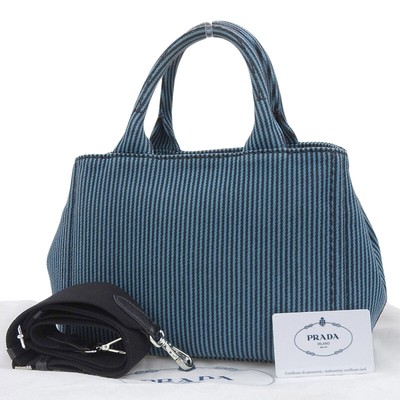 Prada Canapa 2Way Tote Bag Shoulder Bag Striped Canvas Blue/Black 
