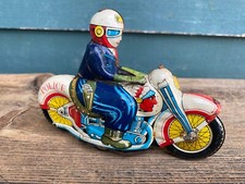 Vintage Tin Friction Police Motorcycle Toy Indian Chief in Headdress on Tank.