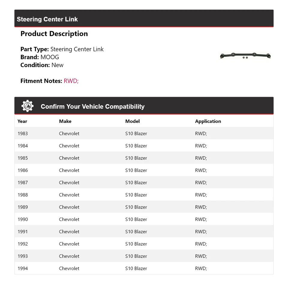 Para Chevrolet S10 Blazer 1983-1994 tracción trasera dirección enlace central MOOG 1983 1984 1985 Foto 2 de 4
